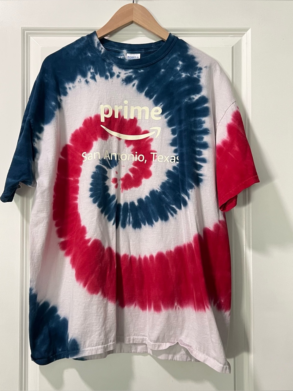 Amazon/ San Antonio Employee T-shirt Size XL Red White Blue Tie Dye Tee